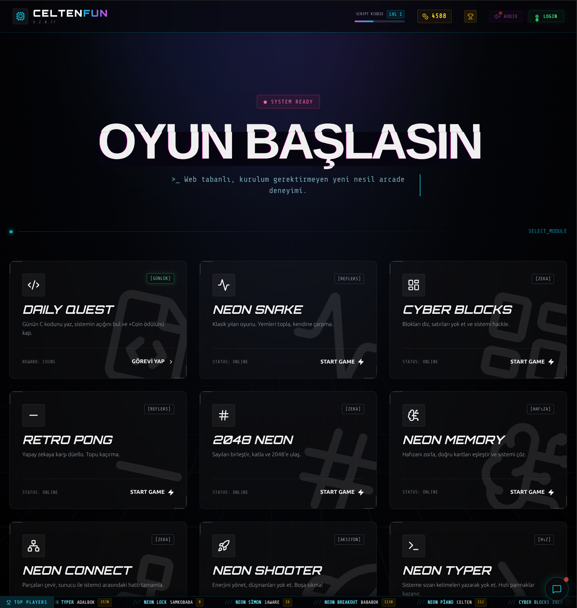 🕹️ CeltenFun - Cyberpunk Temalı Web Arcade ve Kodlama Platformu - Proje Görseli